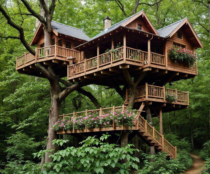 Cabane perchée dans les arbres en forêt