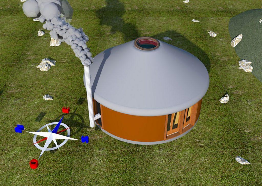 Yourte moderne avec poêle à bois en pleine nature