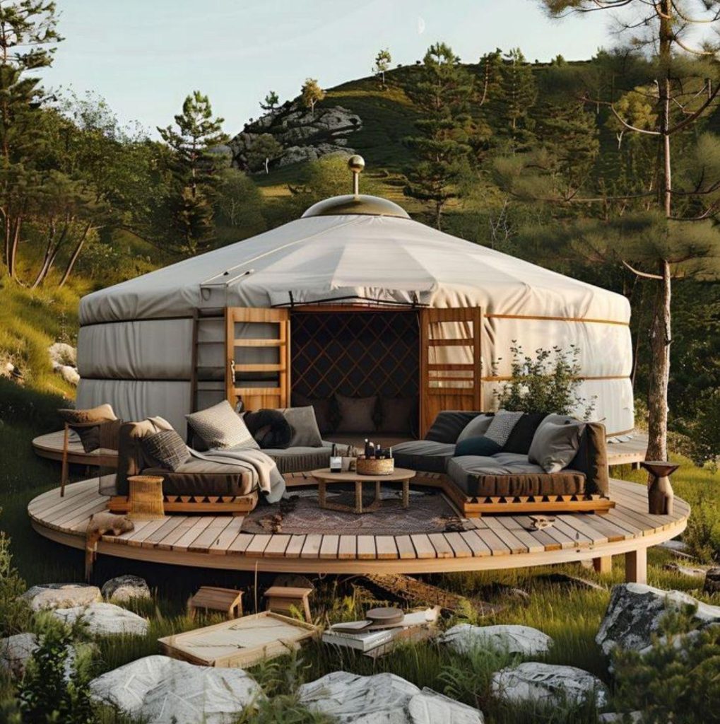 Yourte de luxe avec terrasse en bois et mobilier extérieur