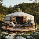 Yourte de luxe avec terrasse en bois et mobilier extérieur